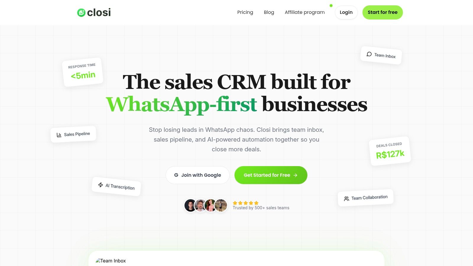 Closi's visual Kanban pipeline for managing WhatsApp deals