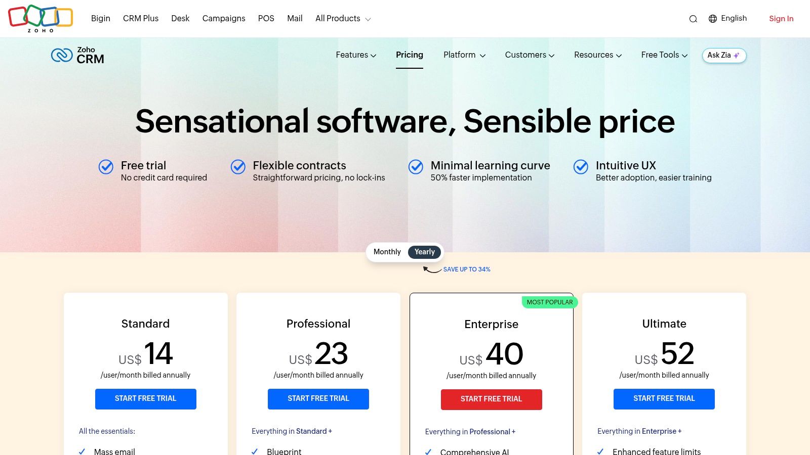 Zoho CRM pricing tiers