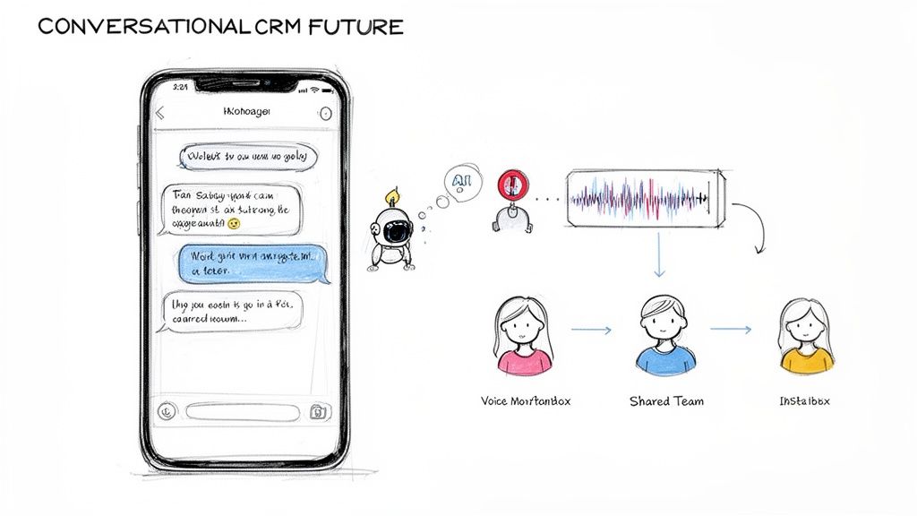 A diagram illustrating conversational CRM future with AI, voice processing, and human team collaboration.