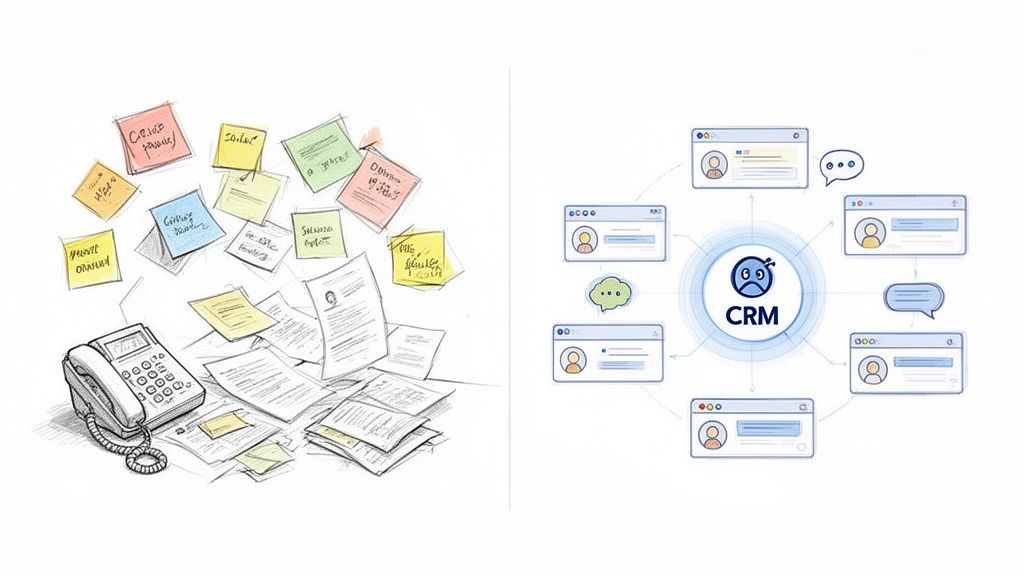 Illustrates the contrast between disorganized manual customer data and an efficient digital CRM system.