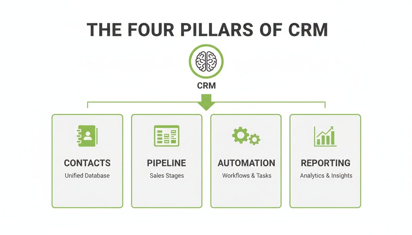 An infographic illustrating the four core pillars of CRM: Contacts, Pipeline, Automation, and Reporting.