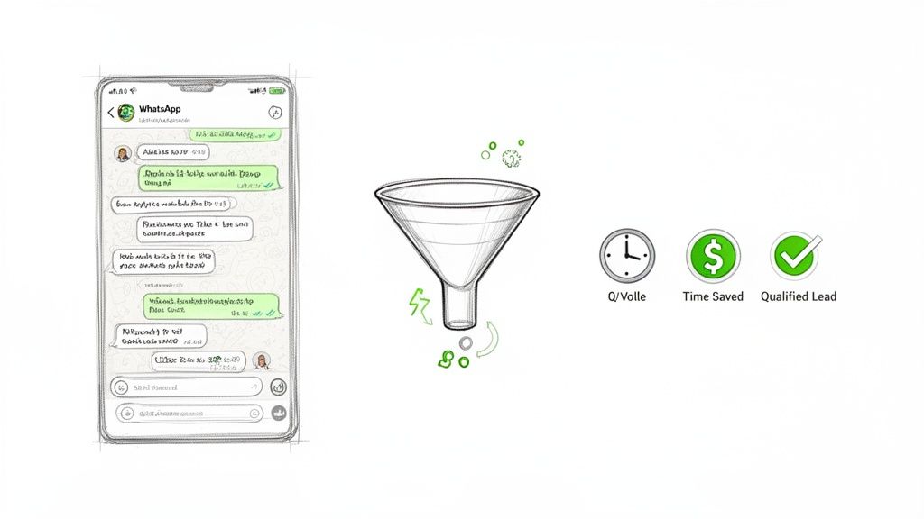WhatsApp chat interface showing lead qualification process through a funnel, indicating time saved and qualified leads.