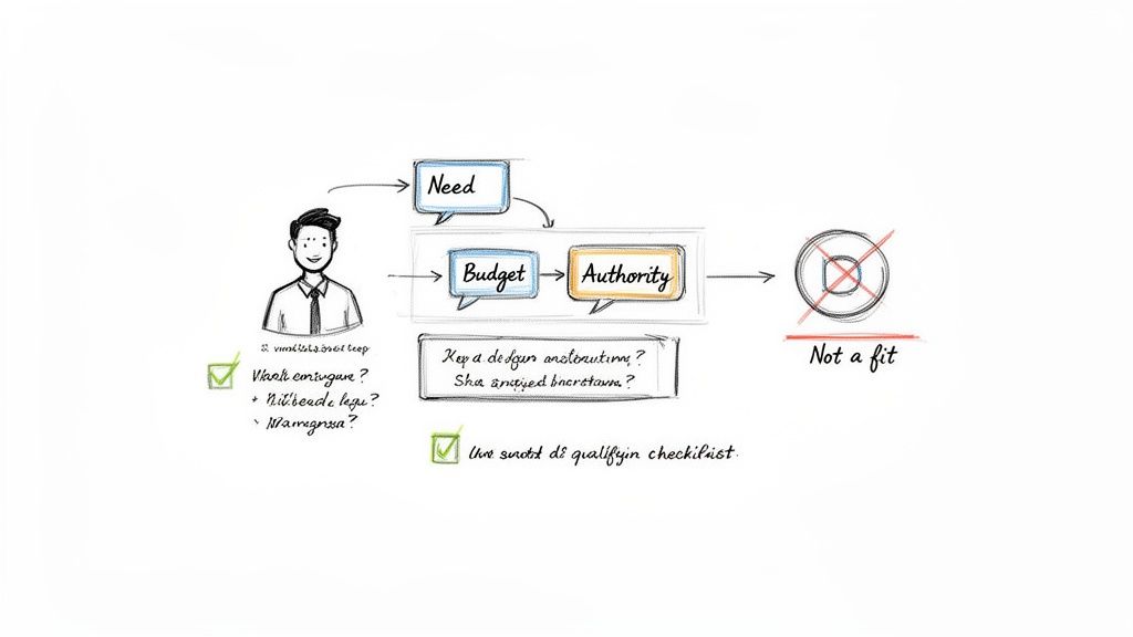 Flowchart illustrating a sales lead qualification process with steps for need, budget, and authority.
