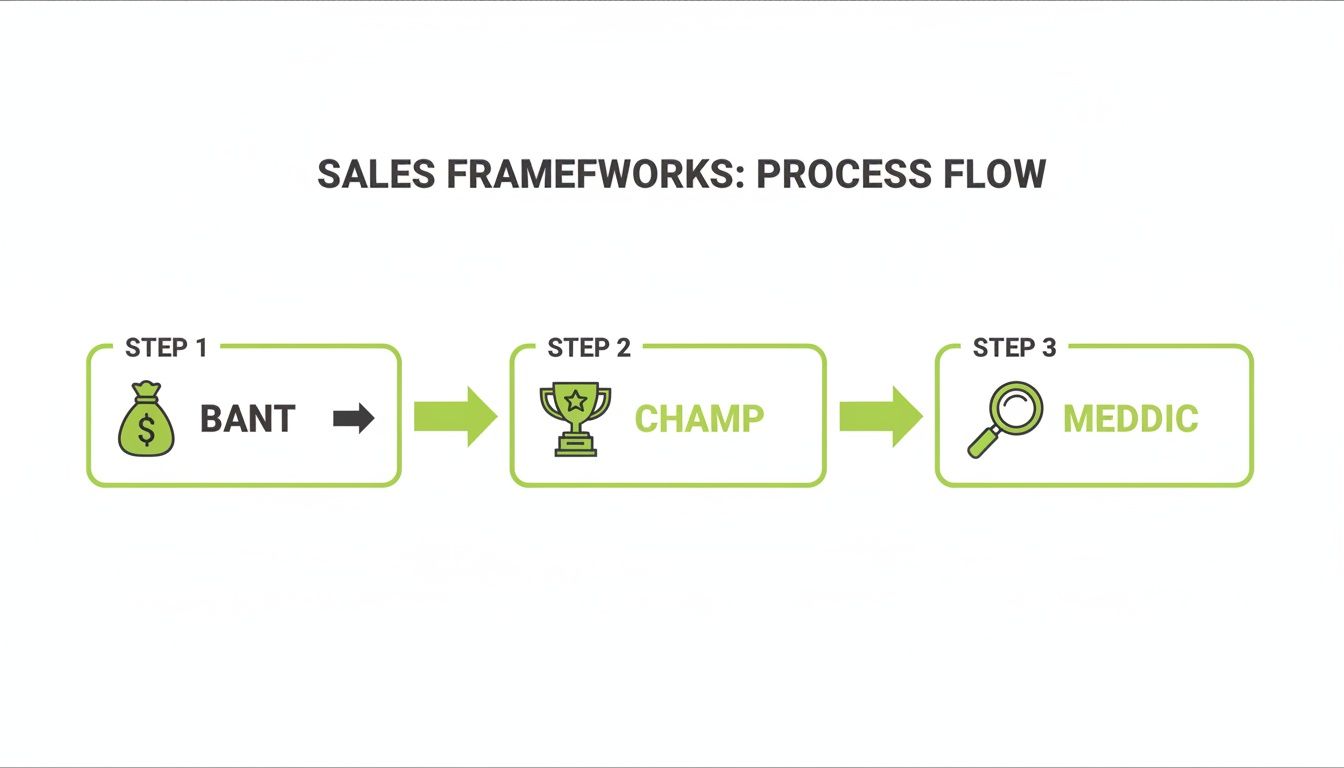 Sales framework process flow illustrating qualification steps: BANT, CHAMP, and MEDDIC with respective icons.