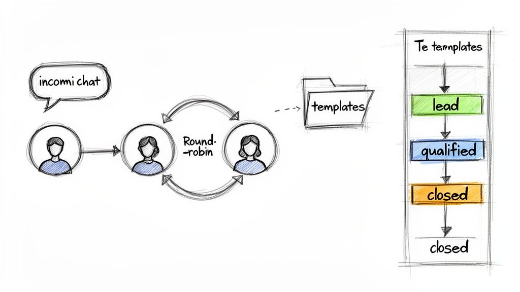 A diagram illustrates incoming chat distribution via round-robin to agents, referencing templates, and a sales pipeline from lead to qualified to closed.