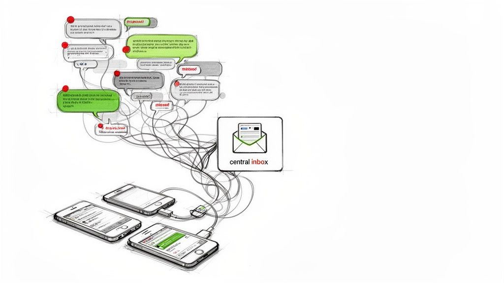 Diagram showing a mind map connecting various messages to a central inbox and multiple smartphones.